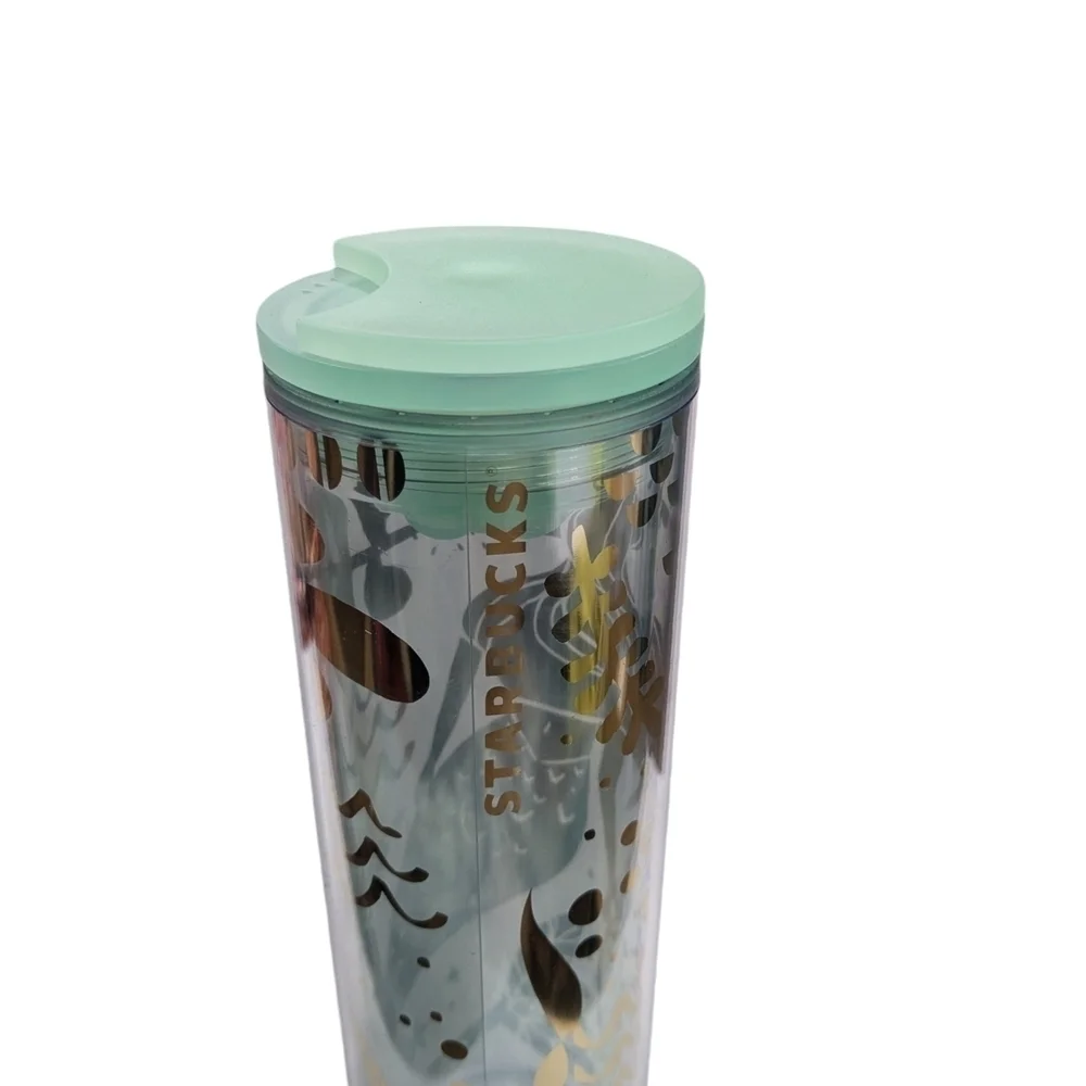 NWOT Starbucks Mint Green Gold Artistic Tumbler Lid Mermaid Floral Shiny Swim